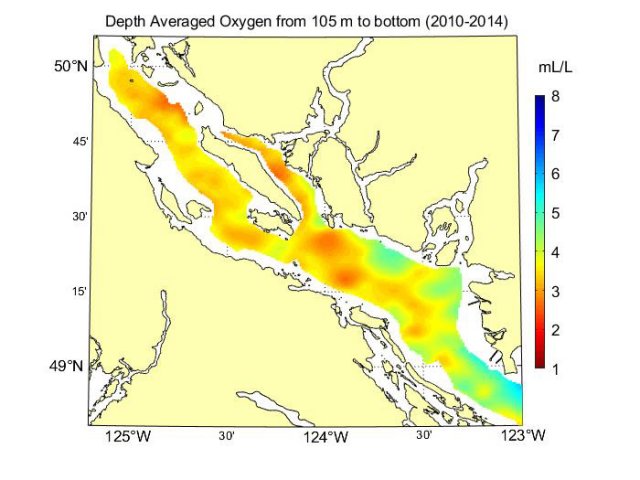Gradient map showing depth-averaged oxygen levels in the Strait of Georgia at 105 meters to bottom between 2010-2014.