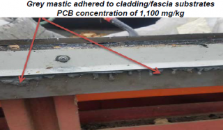 Close up of SMUD headquarters roof showing pcb containing sealant. "Grey mastic adhered to cladding/fascia sustrates. PCB concentration of 1,100 mg/kg"