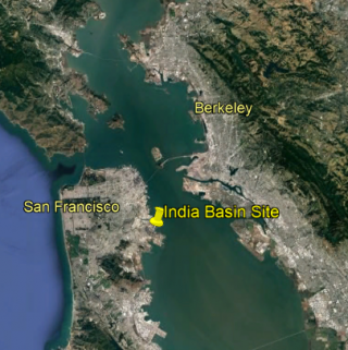 Site location map showing satellite view of San Francisco, Berkeley and SF Bay with India Basin Site marked on San Francisco's eastern waterfront.