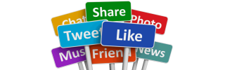 Social Media Share Graphic: Signs Saying "Like, Share, Tweet, Post"