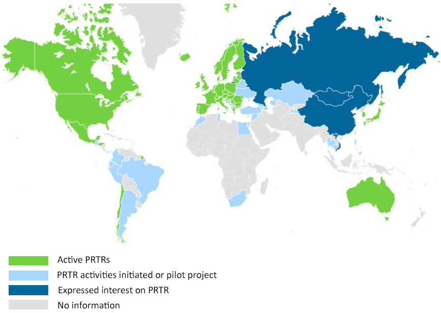 PRTR World Map. Shows countries with Active PRTRs, PRTR Activities initiated or pilot projects, Expressed interest in PRTR or No information