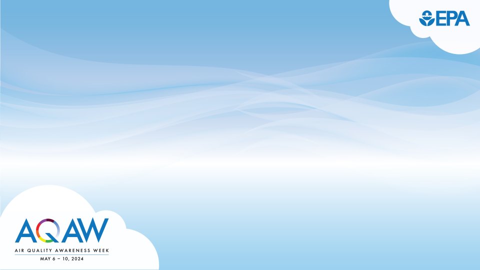 Teams background of a sky with "Air Quality Awareness Week, May 6-10, 2024" in a cloud in the bottom left-hand corner and the blue EPA logo in a cloud at the top right-hand corner. 