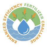 Graphic identifier for the EEF challenge with a circle with three drops of water surrounding by a water body and grass with three stalks of corn