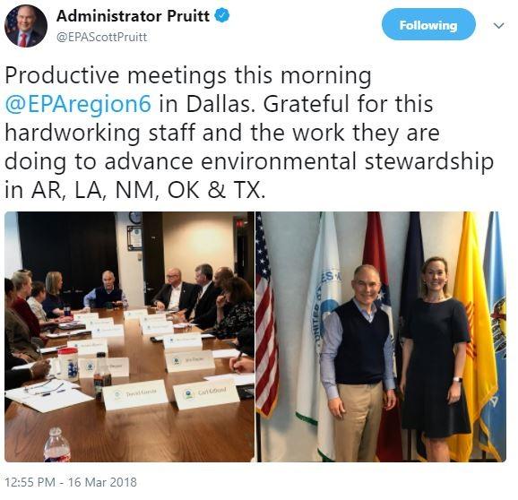tweet 1 screenshot a of a tweet from Administrator Pruitt of having meeting