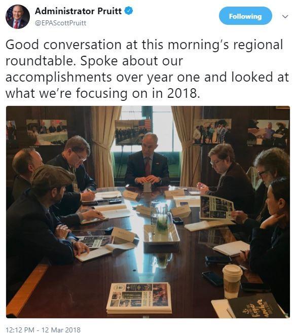 tweet screenshot Screenshot of tweet of man in blue suit and red tie (Administrator Pruitt) at head of wood conference table speaking with six people seated on both sides of the table.
