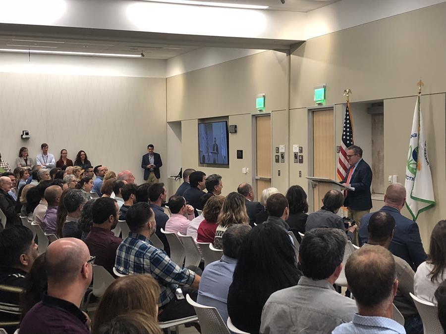 Administrator Wheeler addresses EPA Region 9 staff at the all hands meeting. 