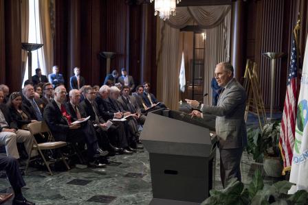 photo of epa administrator scott pruitt speaking at a podium to an audience in EPA