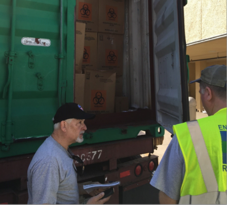 On scene coordinator inspects containers at Juan F. Luis Hospital.