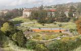 An artist's rendering showing a creek that runs through the college campus surrounded by lush native plant species and a pedestrian path. 