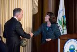 Administrator Scott Pruitt being welcomed to the podium by former acting Administrator Catherine McCabe
