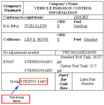 Locating vehicle Test Group or Engine Family Number