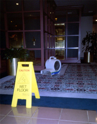 Drying a carpet with a commercial specialty blower with built-in heater.