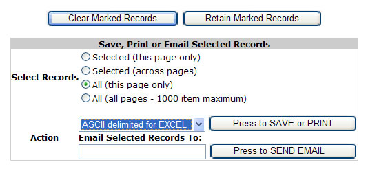 Screen shot showing how to select all records from the page and save them in ASCII delimited format for EXCEL