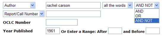 Screen shot showing how to combine search fields with the connectors AND, AND NOT, and OR