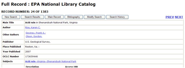 Screen shot showing record display for the title 'Acid rain in Shenandoah National Park, Virginia'