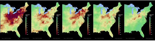 Image of maps showing acid rain reduction in the Eastern United States