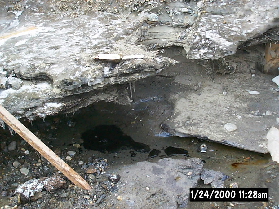 [January 24, 2000] Cell C - Approximate one foot diameter pool of black DNAPL (or heavy oil) uncovered in Cell C.
