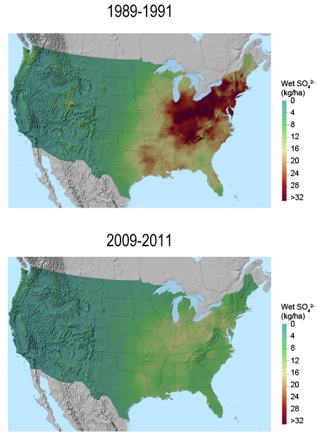 Pair of maps showing progress reducing acid rain i.e., the change in wet deposition of sulfate (SO4) between 1989-1991 and 2009-2011