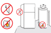 Electrical outlet with a refrigerator plugged in and a gas water heater with open flame source with superimposed red Do Not symbols