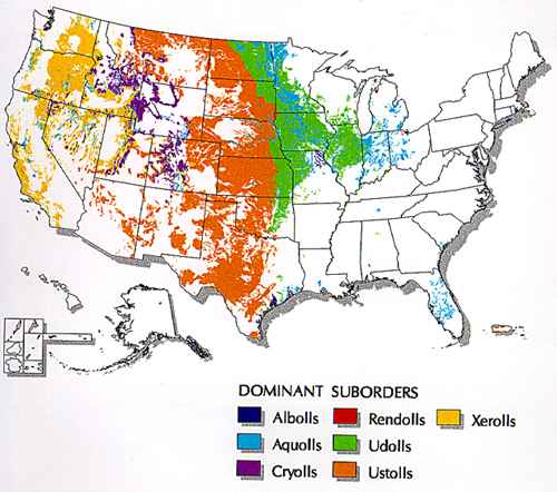 map of U.S. indicating areas of the 7 dominant suborders of mollisols: albolls, aquolls, cryolls, rendolls, udolls, ustolls, and xerolls