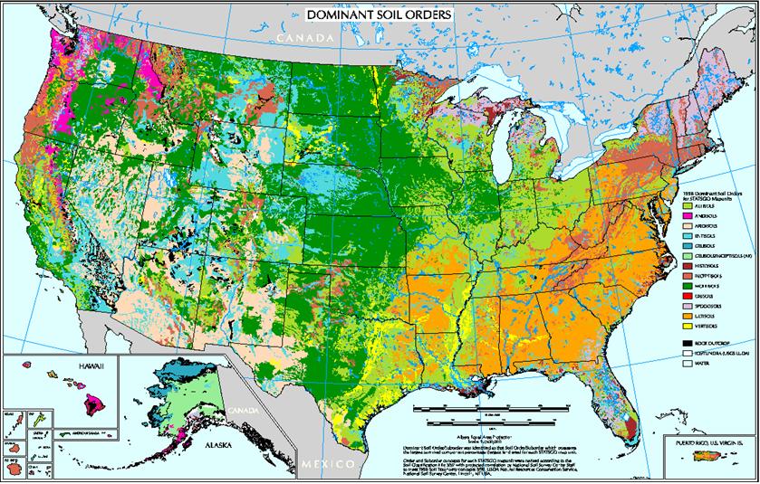 U.S. map with colors depicting soil orders.