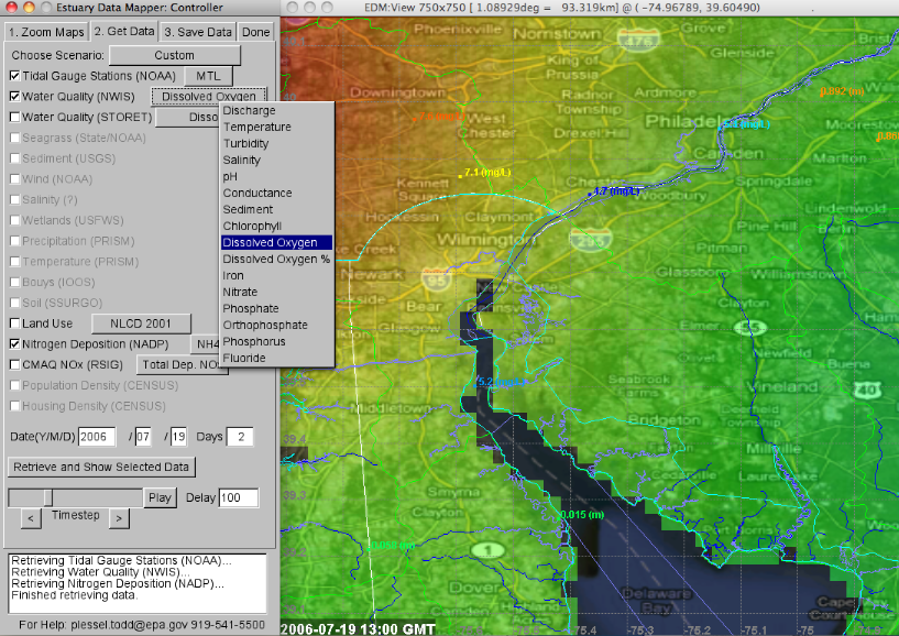 Image of multiple data layers showing gridded deposition, water quality, tidal gauge stations