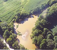 Photo showing brown water from sediment that eventually lead to the creation of a sandbar in the center of this channel.