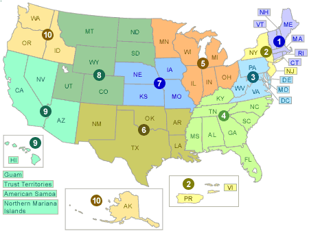 Map of the US, split into EPA regions Map of the US, split into EPA regions