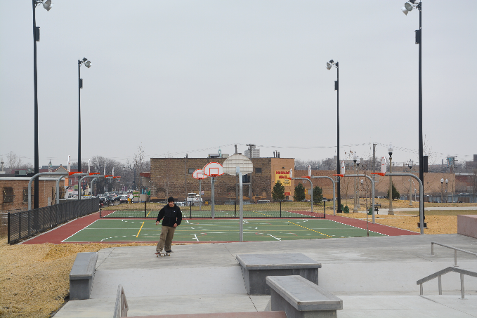 Skate park and basketball courts