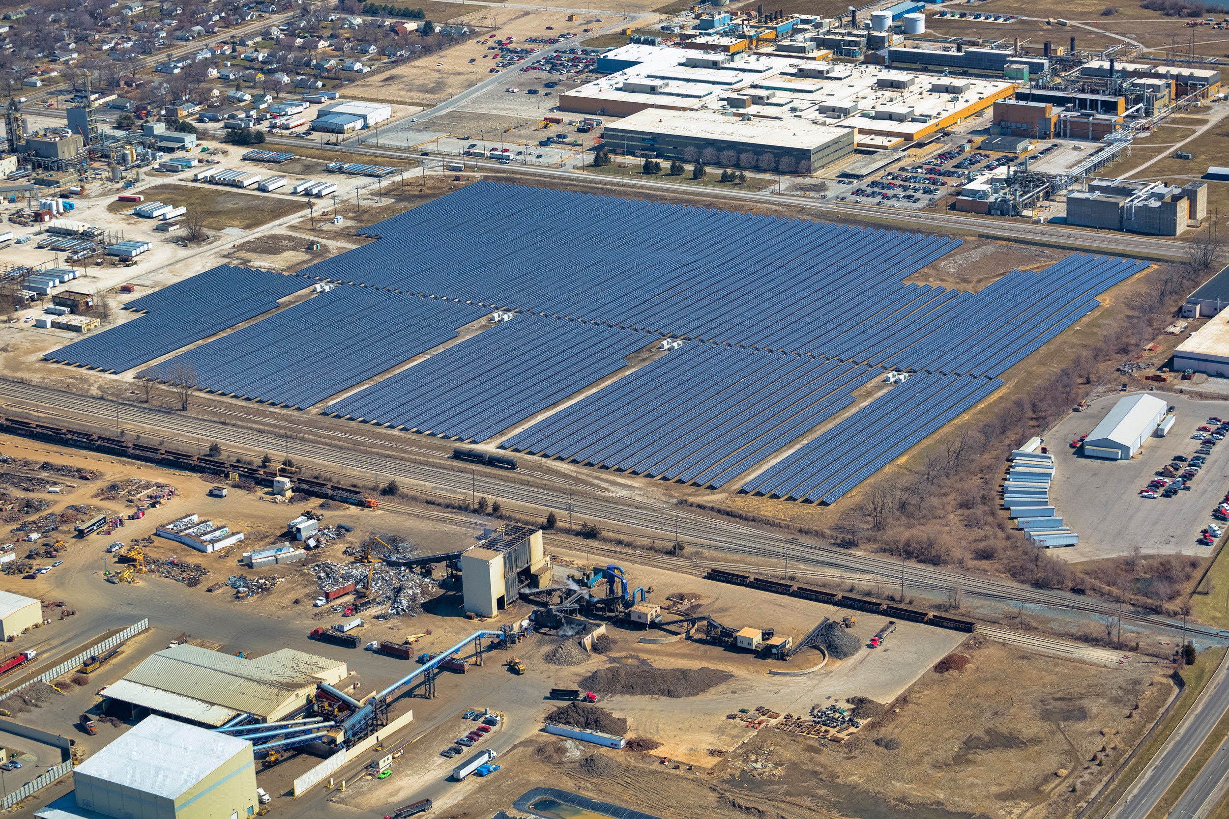 Aerial shot of solar farm built on the former Reilly Tar and Chemical Superfund site