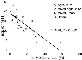 Figure 20. Relationship between total macroinvertebrate richness and % impervious surface cover in 29 headwater Maryland streams sampled in 2001. Taxa richness declined linearly with increasing impervious cover.