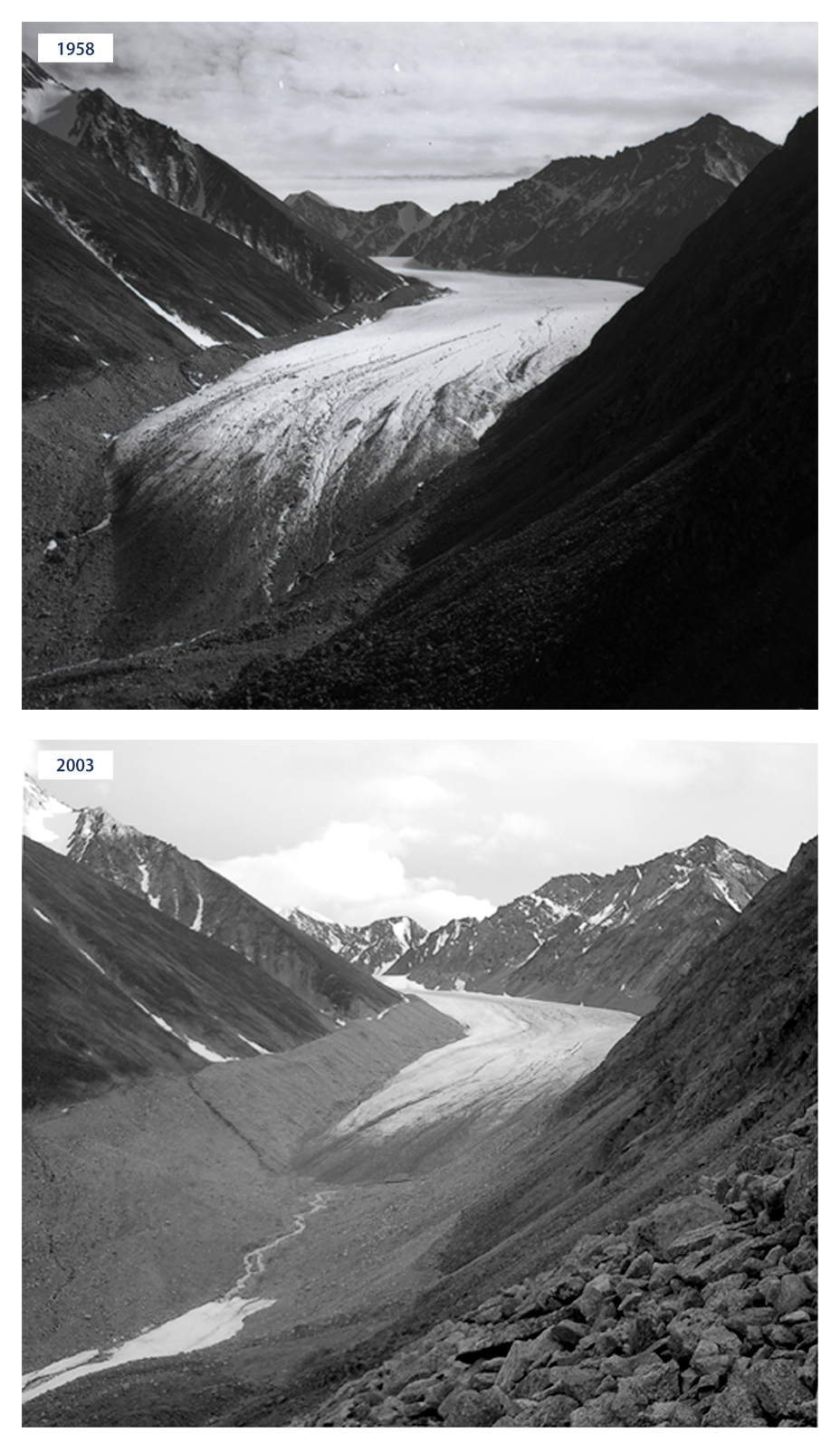 Two photographs that show McCall Glacier in Alaska from the same viewpoint in 1958 and 2003.
