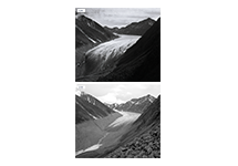 Two photographs that show McCall Glacier in Alaska from the same viewpoint in 1958 and 2003.