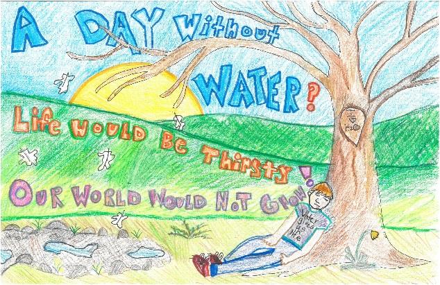 Winning third grade art contest entry showing a boy under a tree lamenting what it would be like without water. He is saying life would be thirsty and our world would not grow.