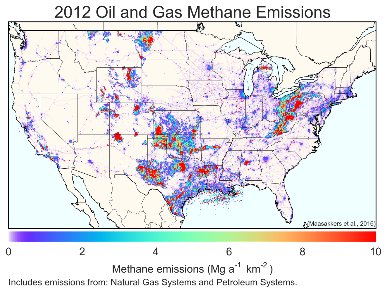 Map of the U.S. displaying all methane emissions included in the National Greenhouse Gas Inventory for oil and gas for the year 2012.
