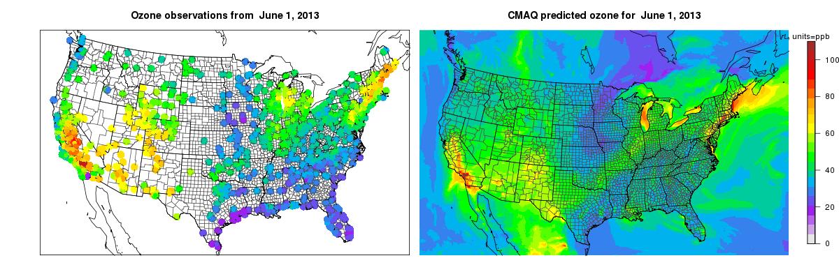 The two panels illustrate the added value of using chemical transport models. The left panel shows the spatial coverage of ozone monitoring sites in the US. The right panel shows the spatial field created by the CMAQ simulation.