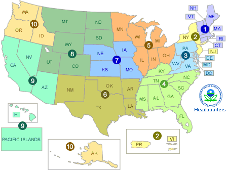 Map of the US, split into EPA regions