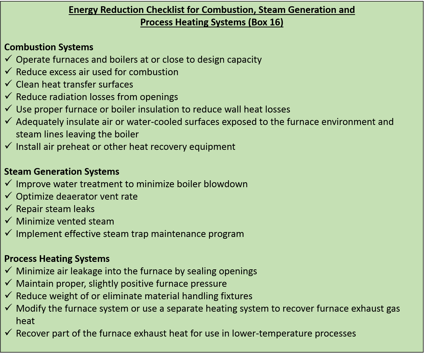 Energy Reduction Checklist for Combustion, Steam Generation and Process Heating Systems (Box 16)