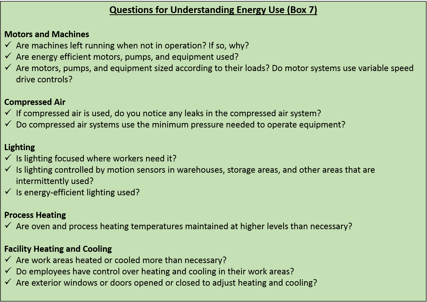 Questions for Understanding Energy Use (Box 7)