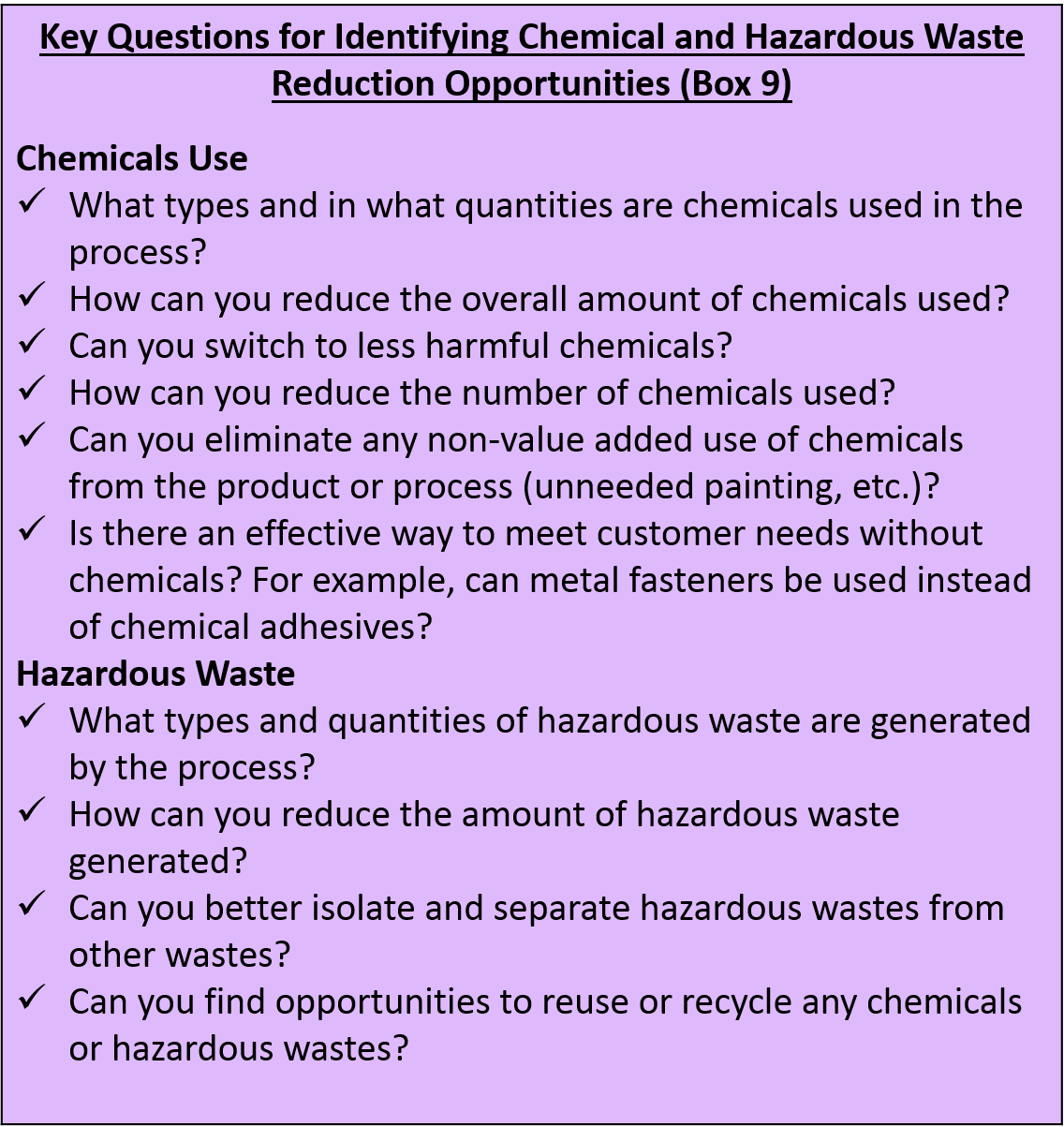 Key Questions for Identifying Chemical and Hazardous Waste Reduction Opportunities (Box 9)
