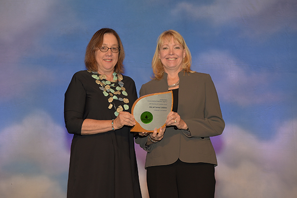 Sue Maki accepts Excellence in Education and Outreach Award for City of Carmel Utilities.