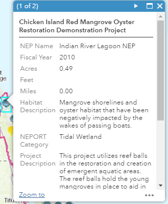 Example of a popup showing an NEP on NEPMap