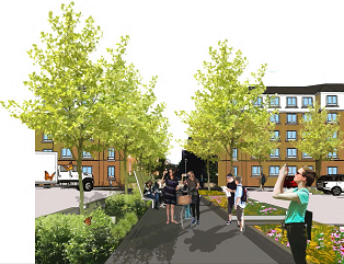 This photo shows a design for converting a loading dock with green infrastructure to manage stormwater.