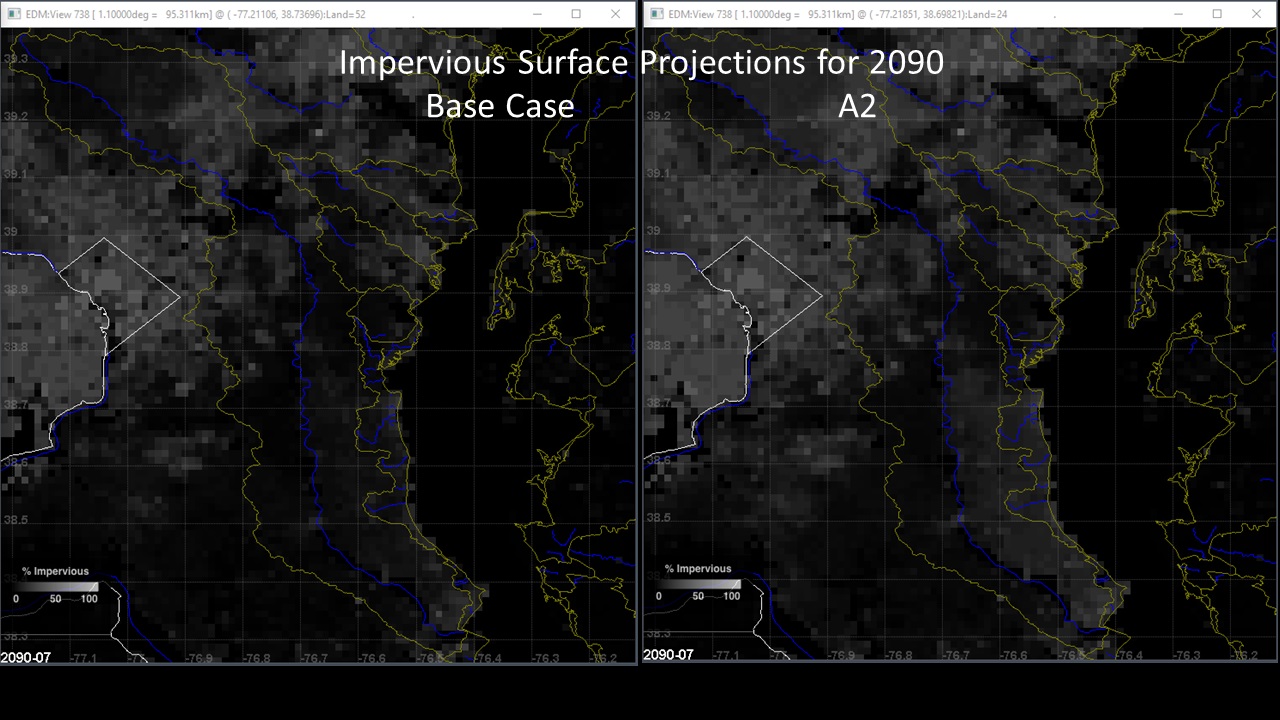 Side-by-side comparison of ICLUS BC and A2 scenarios for impervious surface