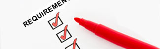 Image for home page of a checklist with requirements written in red at the top with a hand holding a red pen that appears to have just made a check mark in the boxes