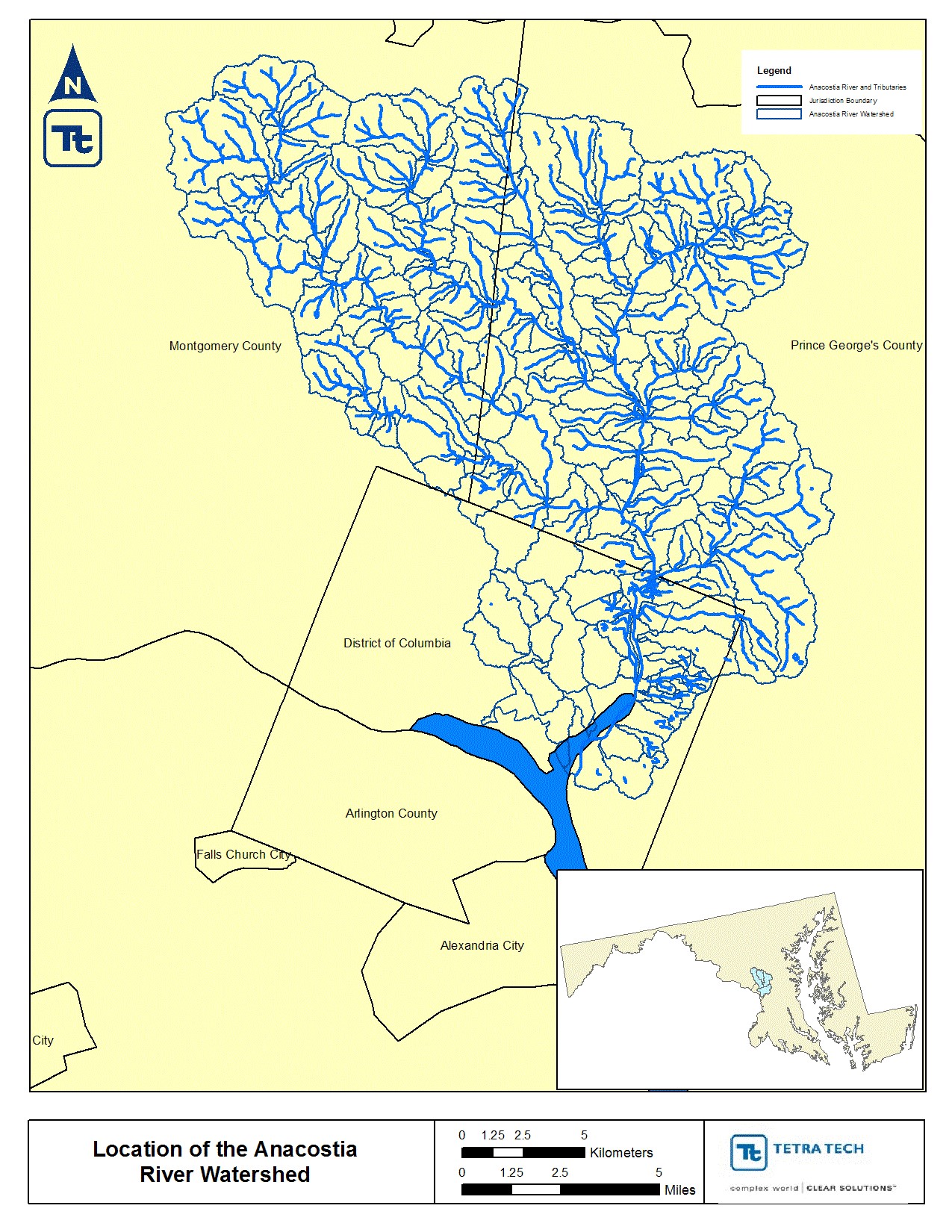 The Anacostia River Watershed is located within the District of Columbia and portions of Montgomery and Prince George's Counties in Maryland.