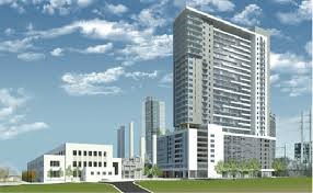 This is an artist's rendering of the Seaholm Redevelopment Project. It features a grassy area in the foreground. Behind the grassy area is a skyscraper to the right and smaller buildings to the left and in the middle.