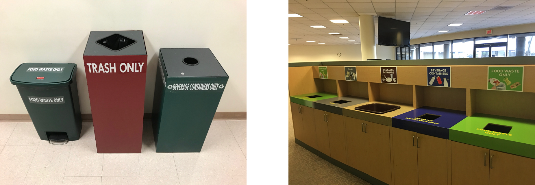 This is a picture of a variety of bins for recycling, composting and trash