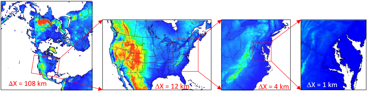 From left to right this figure shows typical US EPA WRF/CMAQ model domains from the 108 km hemispheric scale, 12 km continental United States, regional 4 km and local 1 km over the Washington DC-Baltimore area.
