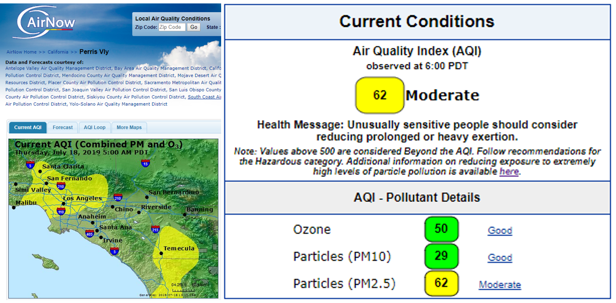 Image of AirNow example of current air quality data, map with yellow on parts of the area, and AQI values, which include yellow (moderate) for fine particle pollution, for the Los Angeles area.